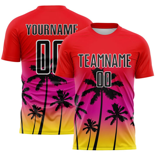 Custom Fire Red Black Deep Pink Light Yellow-White Tropical Hawaii Palm Trees Gradient Sublimation Soccer Uniform Jersey