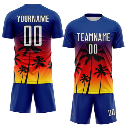 Custom Royal White Fire Red Light Yellow-Black Tropical Hawaii Palm Trees Gradient Sublimation Soccer Uniform Jersey