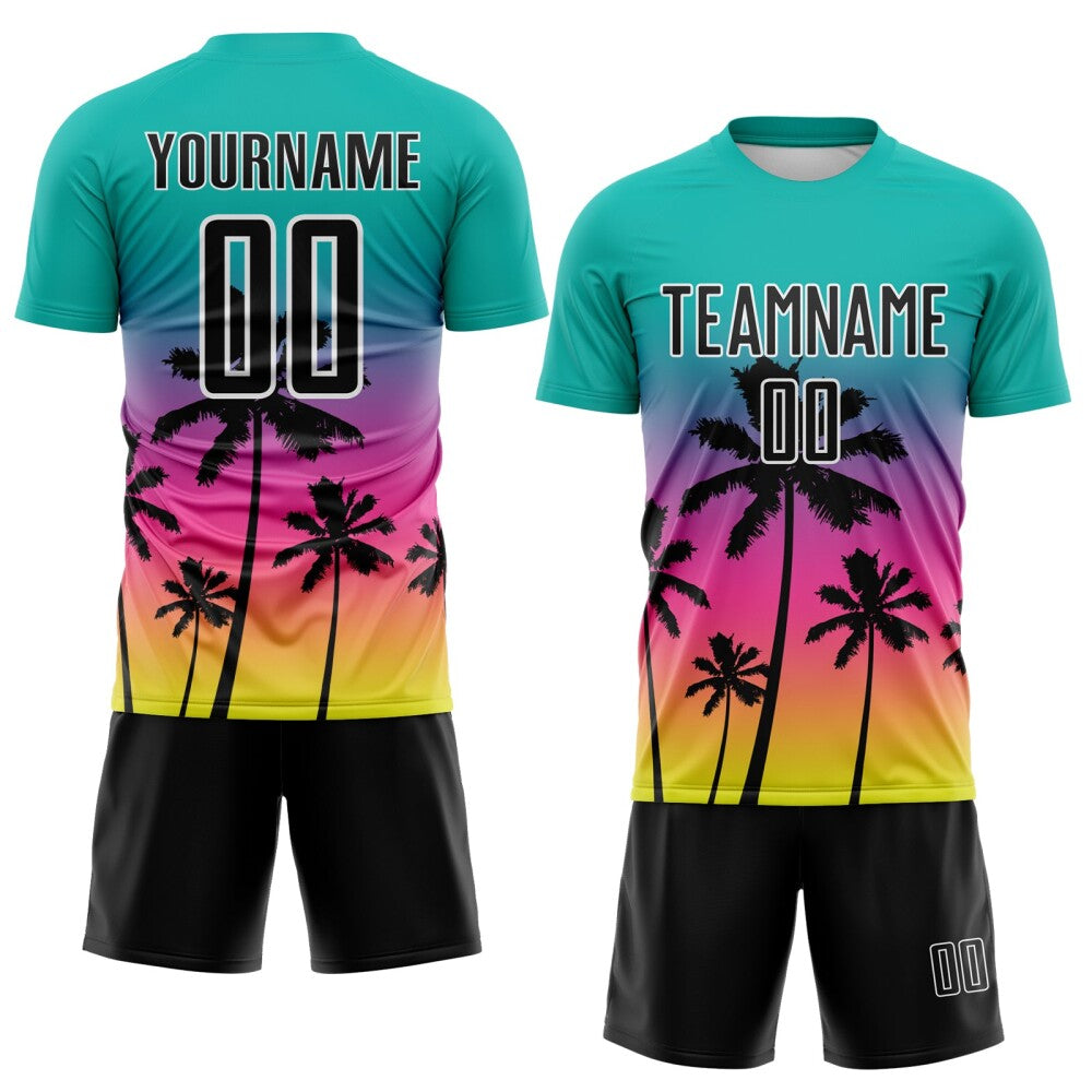 Custom Aqua Black Pink Neon Yellow-White Tropical Hawaii Palm Trees Gradient Sublimation Soccer Uniform Jersey