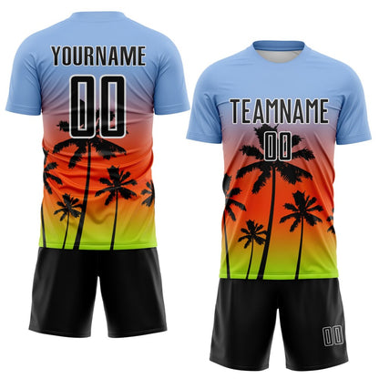 Custom Light Blue Black Orange Neon Green-White Tropical Hawaii Palm Trees Gradient Sublimation Soccer Uniform Jersey