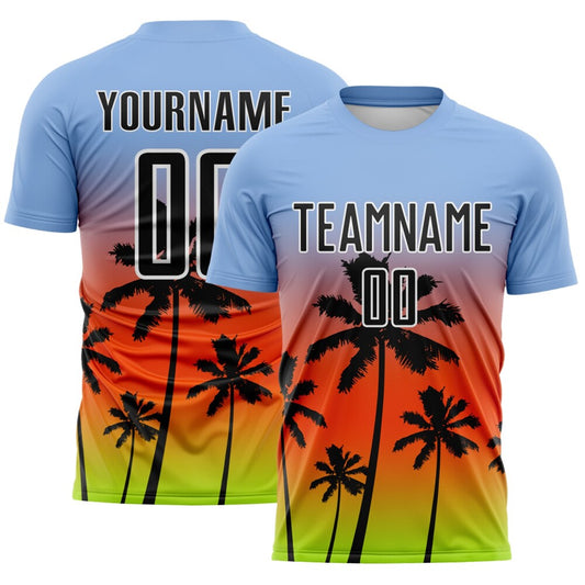 Custom Light Blue Black Orange Neon Green-White Tropical Hawaii Palm Trees Gradient Sublimation Soccer Uniform Jersey