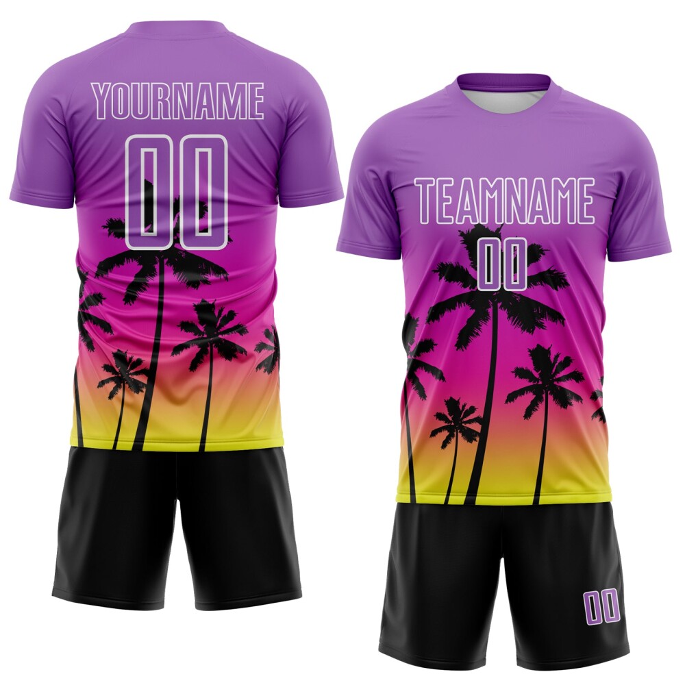 Custom Medium Purple Deep Pink Neon Yellow White-Black Tropical Hawaii Palm Trees Gradient Sublimation Soccer Uniform Jersey