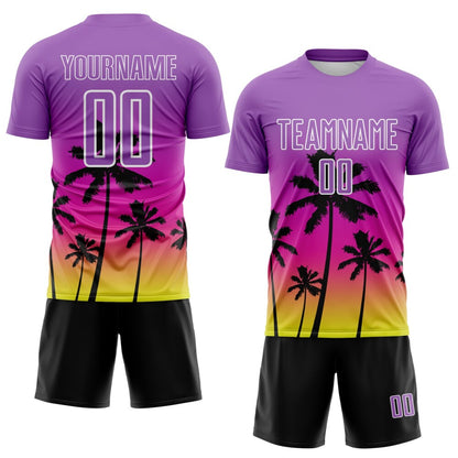 Custom Medium Purple Deep Pink Neon Yellow White-Black Tropical Hawaii Palm Trees Gradient Sublimation Soccer Uniform Jersey