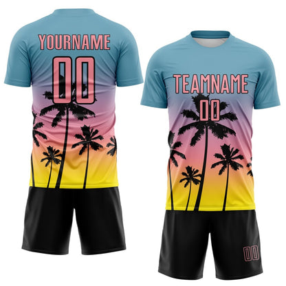 Custom Shadow Blue Medium Pink Light Yellow-Black Tropical Hawaii Palm Trees Gradient Sublimation Soccer Uniform Jersey