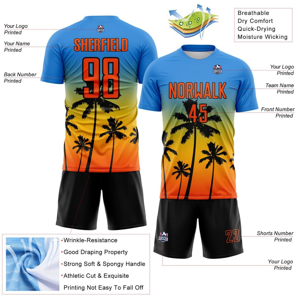 Custom Powder Blue Orange Gold-Black Tropical Hawaii Palm Trees Gradient Sublimation Soccer Uniform Jersey