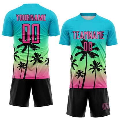 Custom Lakes Blue Pink Pea Green-Black Tropical Hawaii Palm Trees Gradient Sublimation Soccer Uniform Jersey