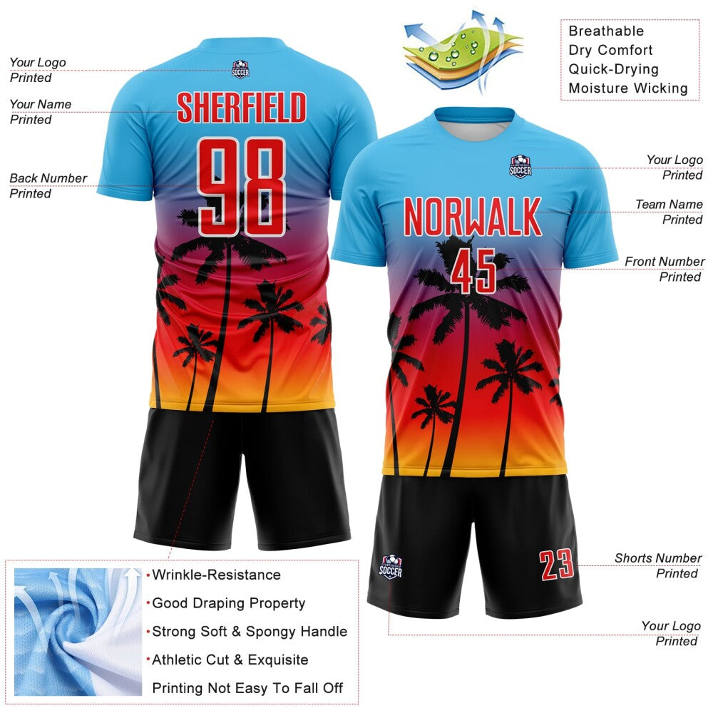 Custom Sky Blue Fire Red Gold White-Black Tropical Hawaii Palm Trees Gradient Sublimation Soccer Uniform Jersey