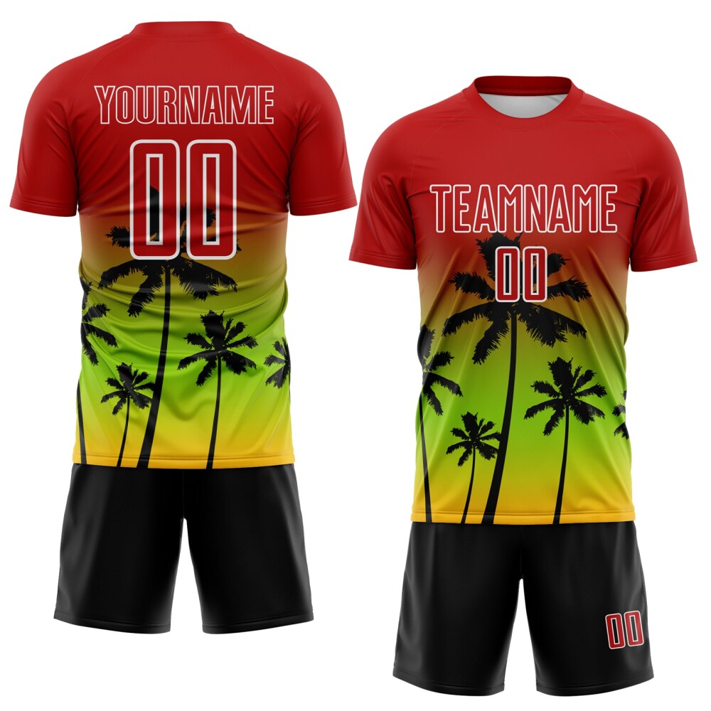Custom Red Neon Green Gold White-Black Tropical Hawaii Palm Trees Gradient Sublimation Soccer Uniform Jersey