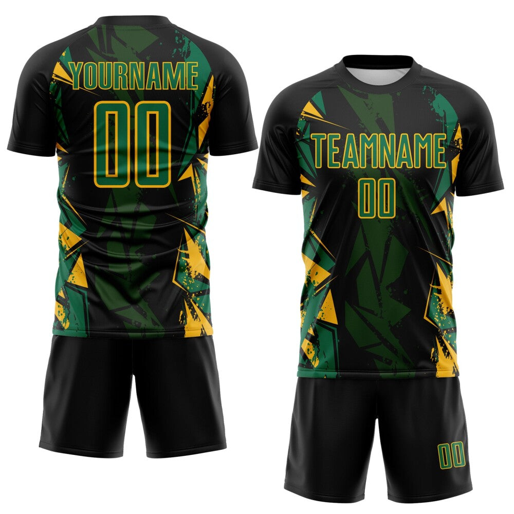 Custom Black Kelly Green-Gold Geometric Shard Grunge Splash Sublimation Soccer Uniform Jersey