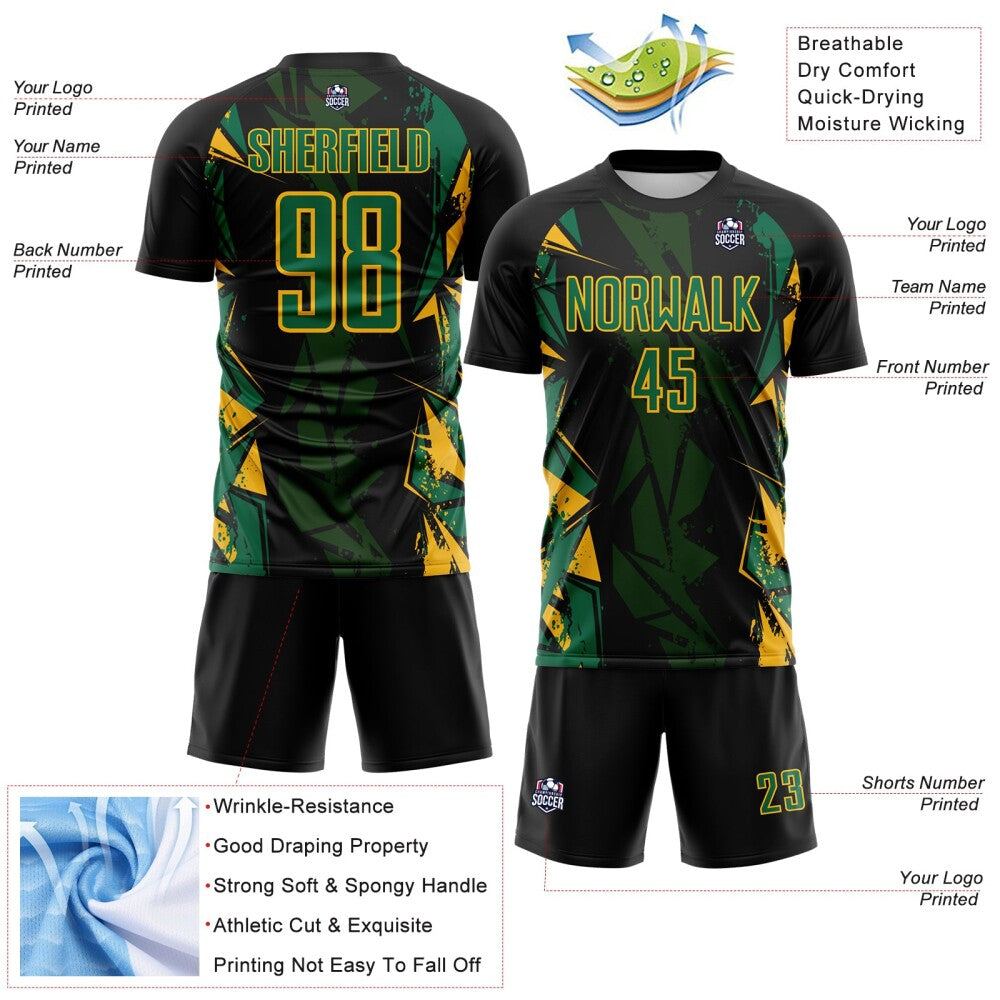 Custom Black Kelly Green-Gold Geometric Shard Grunge Splash Sublimation Soccer Uniform Jersey