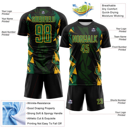 Custom Black Kelly Green-Gold Geometric Shard Grunge Splash Sublimation Soccer Uniform Jersey