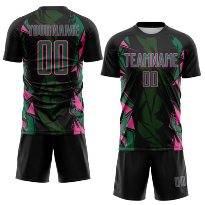 Custom Black Kelly Green-Pink Geometric Shard Grunge Splash Sublimation Soccer Uniform Jersey