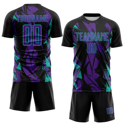 Custom Black Purple-Aqua Geometric Shard Grunge Splash Sublimation Soccer Uniform Jersey