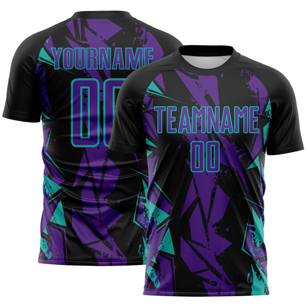 Custom Black Purple-Aqua Geometric Shard Grunge Splash Sublimation Soccer Uniform Jersey