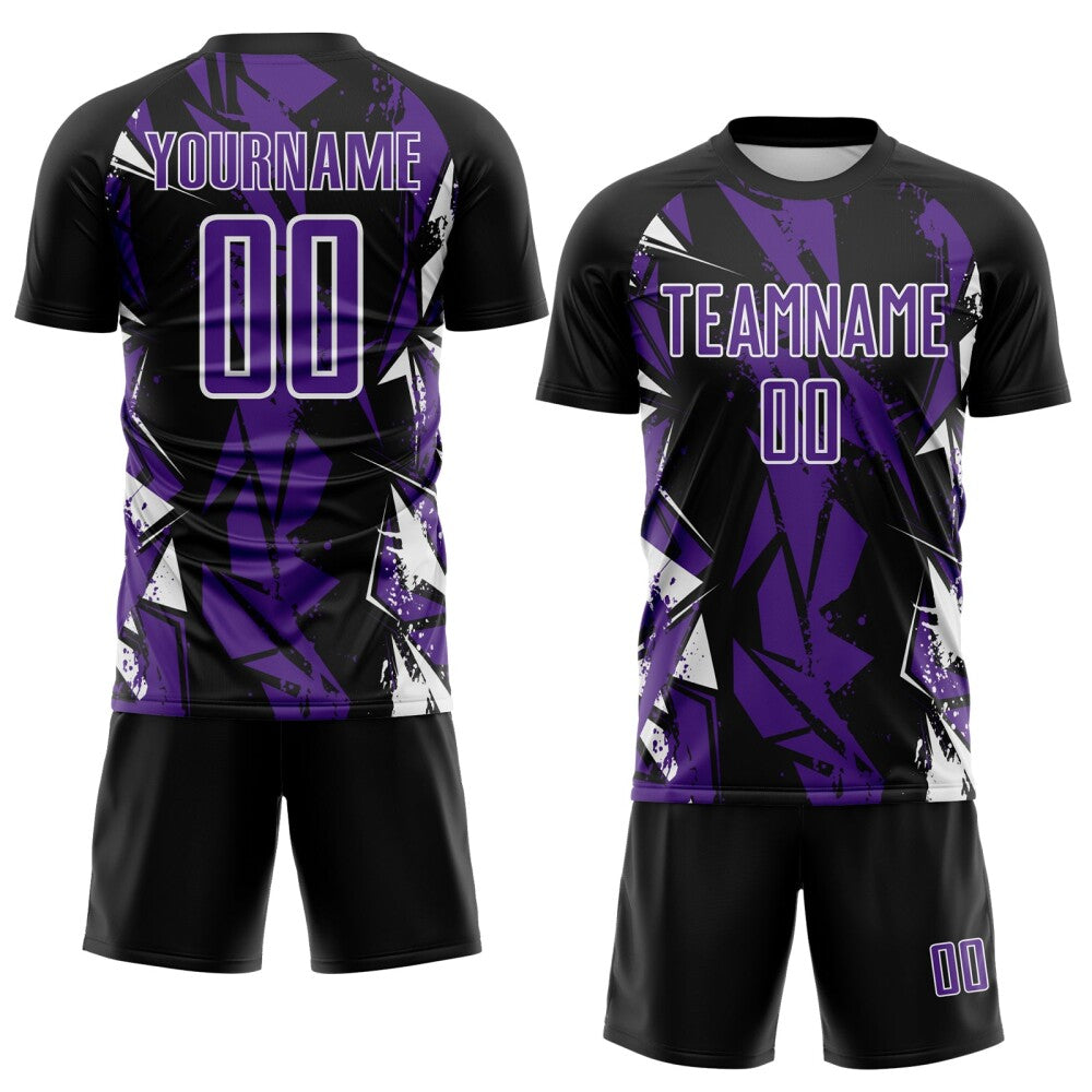 Custom Black Purple-White Geometric Shard Grunge Splash Sublimation Soccer Uniform Jersey