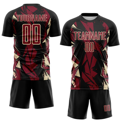Custom Black Crimson-Cream Geometric Shard Grunge Splash Sublimation Soccer Uniform Jersey
