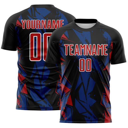 Custom Black Red Royal-White Geometric Shard Grunge Splash Sublimation Soccer Uniform Jersey