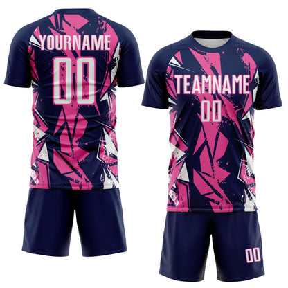 Custom Navy White-Pink Geometric Shard Grunge Splash Sublimation Soccer Uniform Jersey