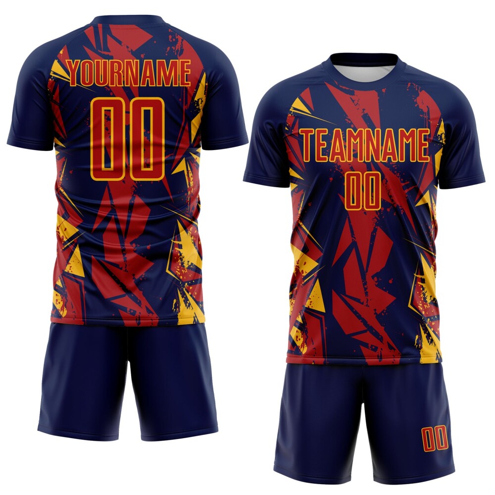 Custom Navy Red-Gold Geometric Shard Grunge Splash Sublimation Soccer Uniform Jersey