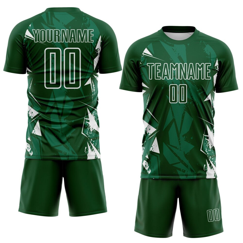 Custom Green-White Geometric Shard Grunge Splash Sublimation Soccer Uniform Jersey