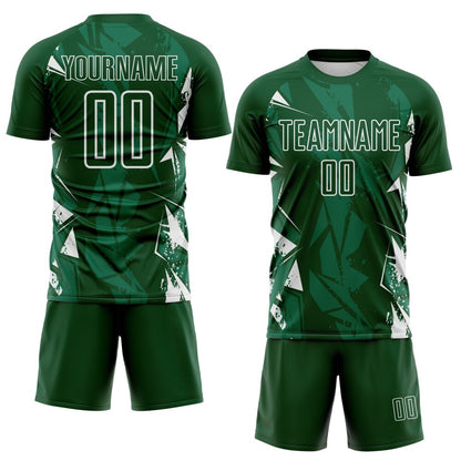 Custom Green-White Geometric Shard Grunge Splash Sublimation Soccer Uniform Jersey