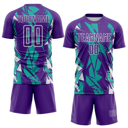 Custom Purple Aqua-White Geometric Shard Grunge Splash Sublimation Soccer Uniform Jersey
