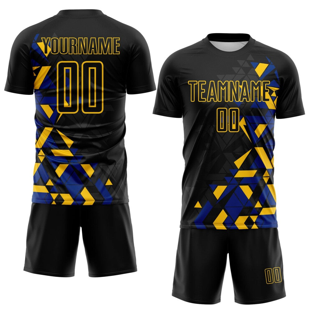 Custom Black Royal-Yellow Geometric Grid Gradient Sublimation Soccer Uniform Jersey