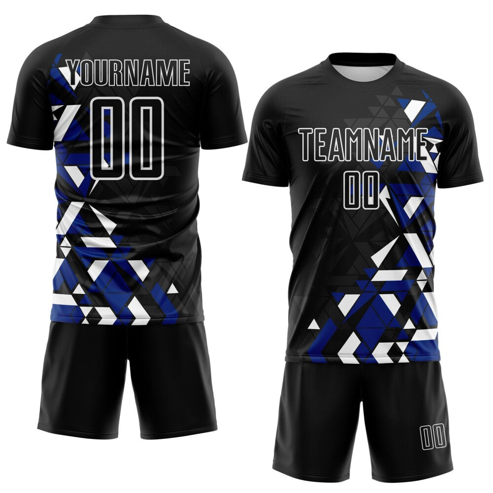 Custom Black Royal-White Geometric Grid Gradient Sublimation Soccer Uniform Jersey