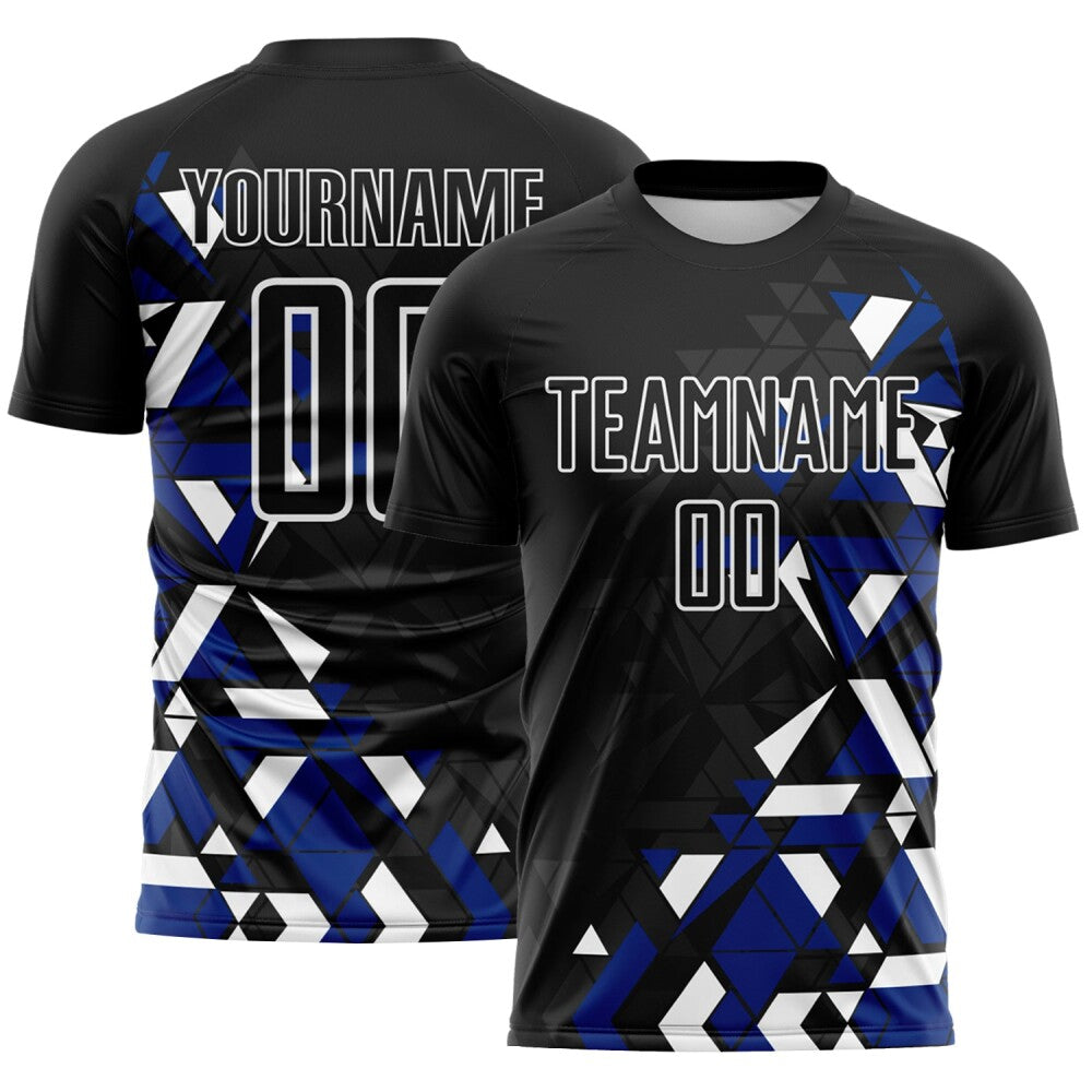 Custom Black Royal-White Geometric Grid Gradient Sublimation Soccer Uniform Jersey