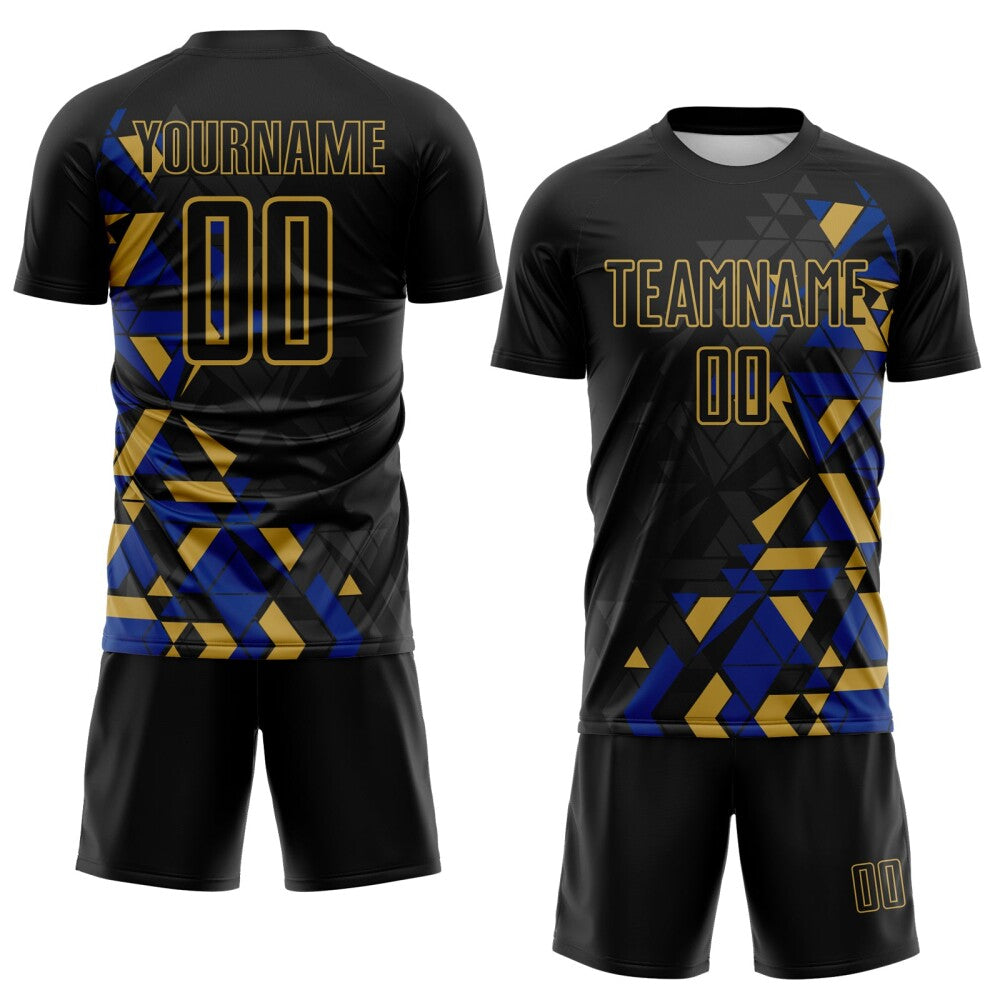 Custom Black Royal-Old Gold Geometric Grid Gradient Sublimation Soccer Uniform Jersey