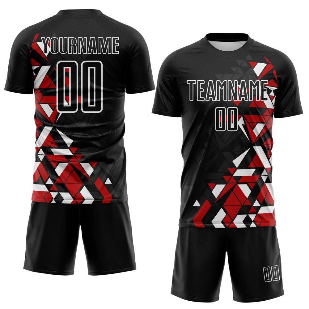Custom Black Red-White Geometric Grid Gradient Sublimation Soccer Uniform Jersey
