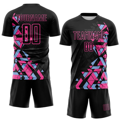Custom Black Pink-Light Blue Geometric Grid Gradient Sublimation Soccer Uniform Jersey