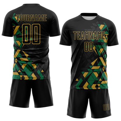 Custom Black Kelly Green-Old Gold Geometric Grid Gradient Sublimation Soccer Uniform Jersey
