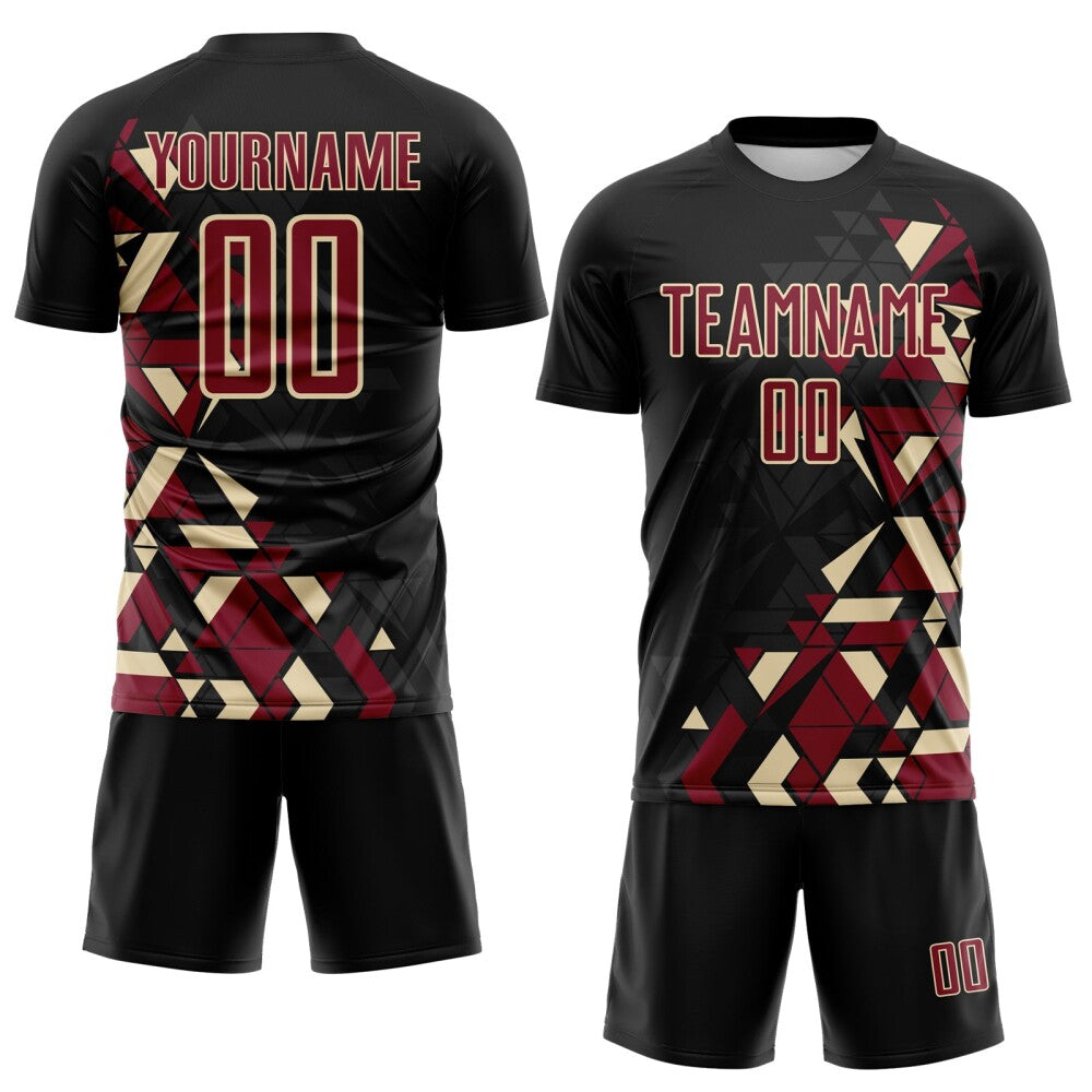 Custom Black Crimson-Cream Geometric Grid Gradient Sublimation Soccer Uniform Jersey