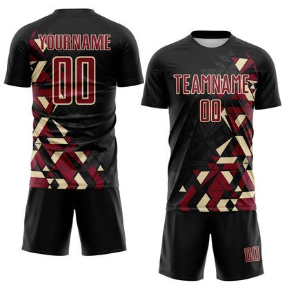 Custom Black Crimson-Cream Geometric Grid Gradient Sublimation Soccer Uniform Jersey