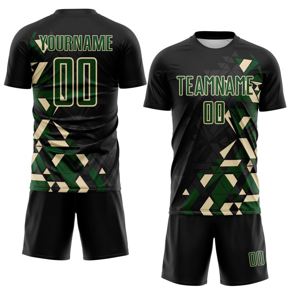 Custom Black Green-Cream Geometric Grid Gradient Sublimation Soccer Uniform Jersey
