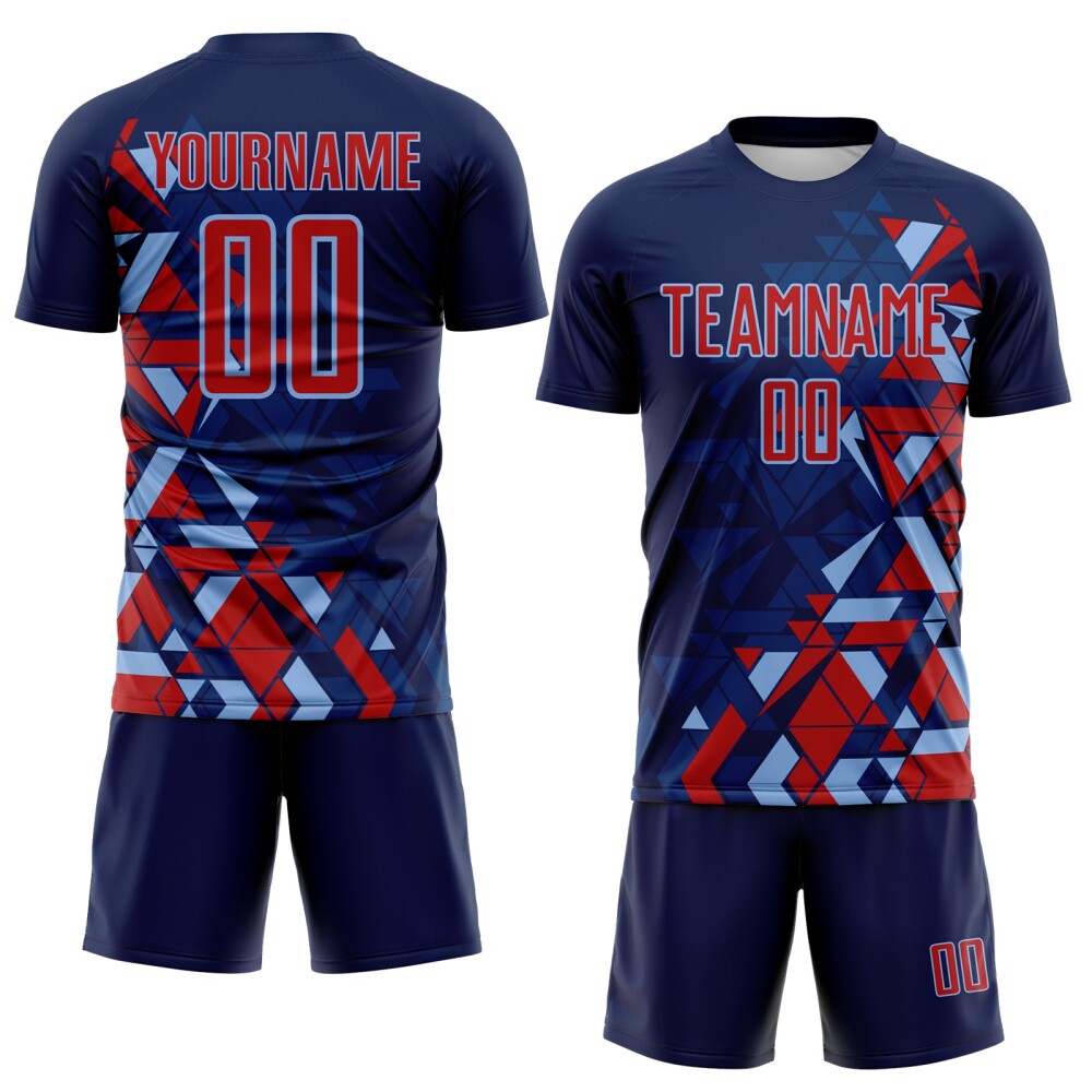 Custom Navy Red US Navy Blue-Light Blue Geometric Grid Gradient Sublimation Soccer Uniform Jersey