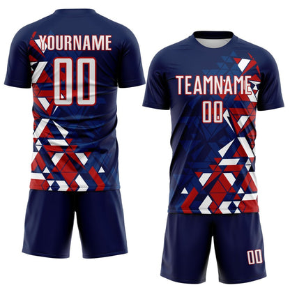 Custom Navy White US Navy Blue-Red Geometric Grid Gradient Sublimation Soccer Uniform Jersey