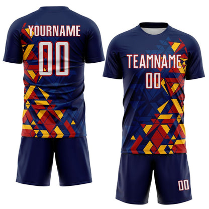 Custom Navy White US Navy Blue Red-Gold Geometric Grid Gradient Sublimation Soccer Uniform Jersey