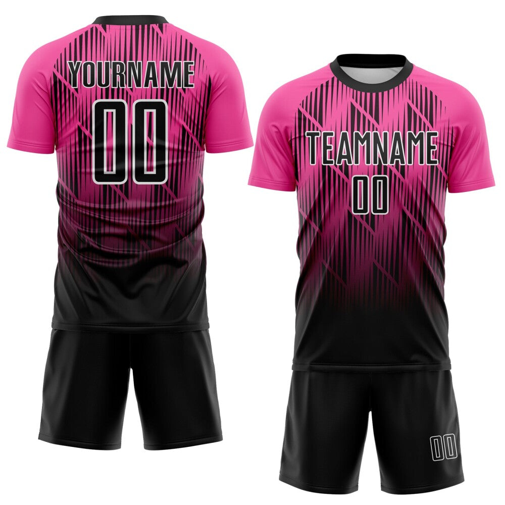 Custom Black Pink-White Spiked Sharp Lines Gradient Sublimation Soccer Uniform Jersey