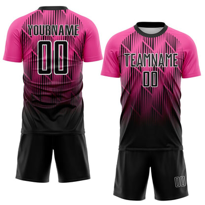Custom Black Pink-White Spiked Sharp Lines Gradient Sublimation Soccer Uniform Jersey