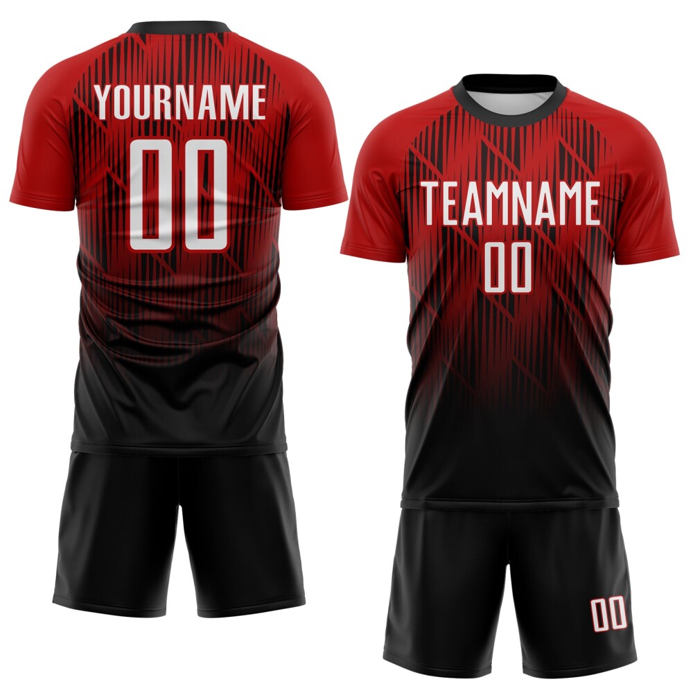 Custom Black White-Red Spiked Sharp Lines Gradient Sublimation Soccer Uniform Jersey