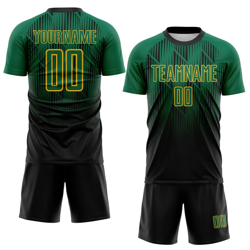 Custom Black Kelly Green-Gold Spiked Sharp Lines Gradient Sublimation Soccer Uniform Jersey