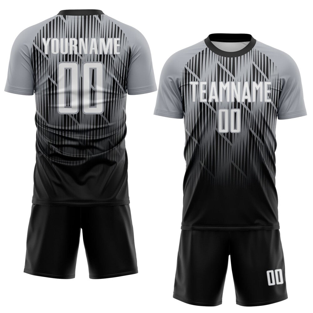 Custom Black White-Gray Spiked Sharp Lines Gradient Sublimation Soccer Uniform Jersey