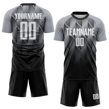 Custom Black White-Gray Spiked Sharp Lines Gradient Sublimation Soccer Uniform Jersey