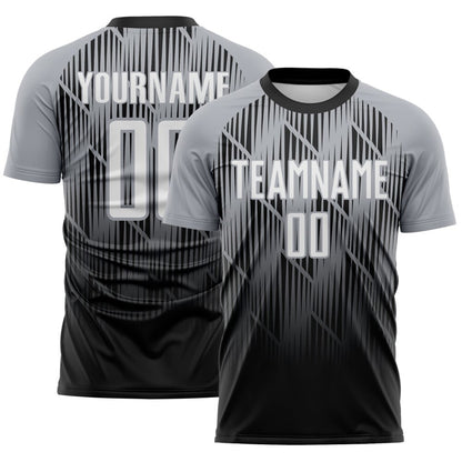 Custom Black White-Gray Spiked Sharp Lines Gradient Sublimation Soccer Uniform Jersey