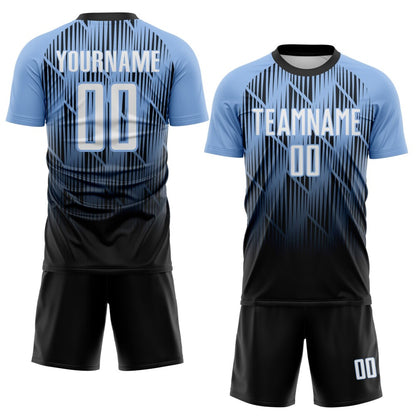 Custom Black White-Light Blue Spiked Sharp Lines Gradient Sublimation Soccer Uniform Jersey