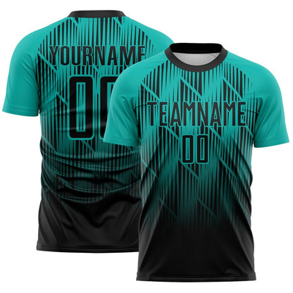 Custom Black-Aqua Spiked Sharp Lines Gradient Sublimation Soccer Uniform Jersey