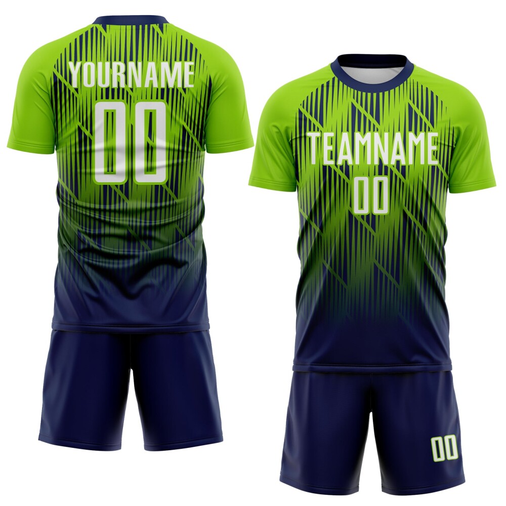 Custom Navy White-Neon Green Spiked Sharp Lines Gradient Sublimation Soccer Uniform Jersey