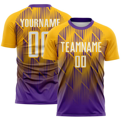 Custom Purple White-Gold Spiked Sharp Lines Gradient Sublimation Soccer Uniform Jersey